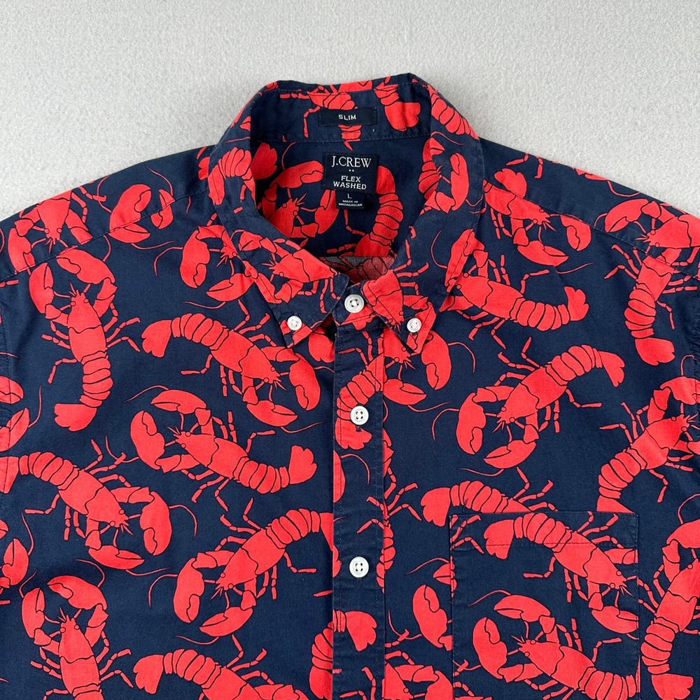 J.Crew Flex Washed Shirt Mens L Navy Red Lobster Print Slim Fit BG956 SS